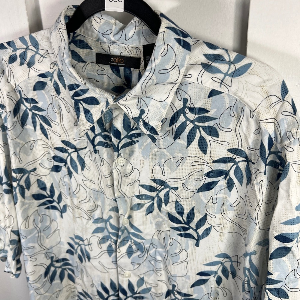 Ratio Claiborne Mens XL Short Sleeve Button Down Tropical Leaf Rayon Shirt Blue